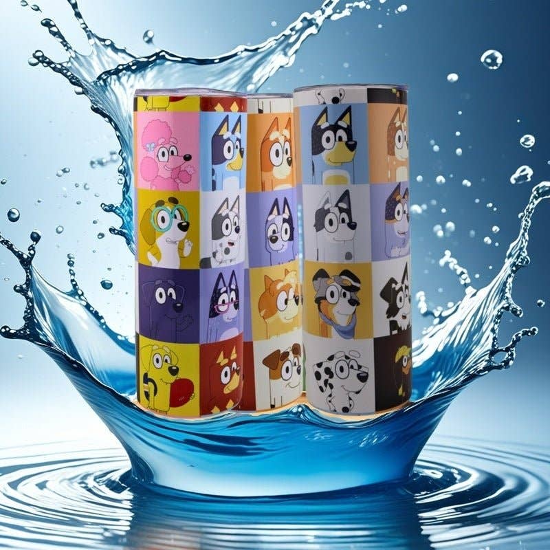 Bluey Tumbler – Family Fun Pup Collage 20oz Tumbler with Straw