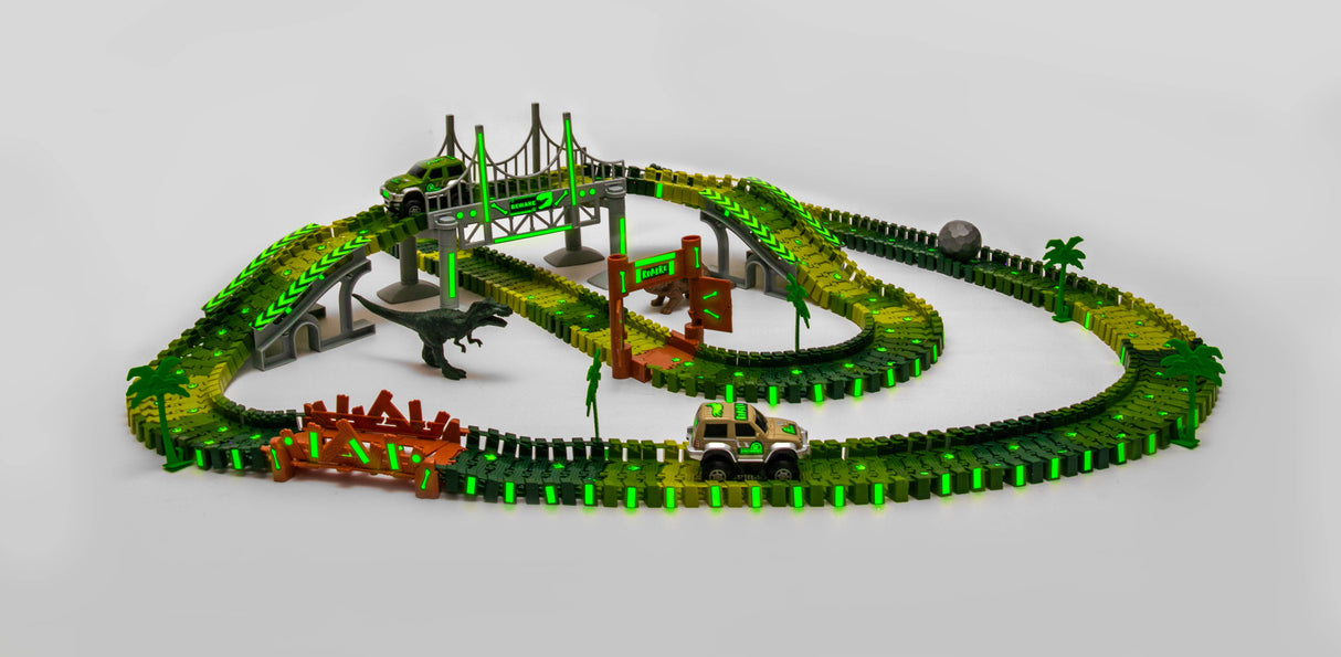 Dinosaur Race Car Journey Track Set Toy, STEM Glow In The Dark Toy