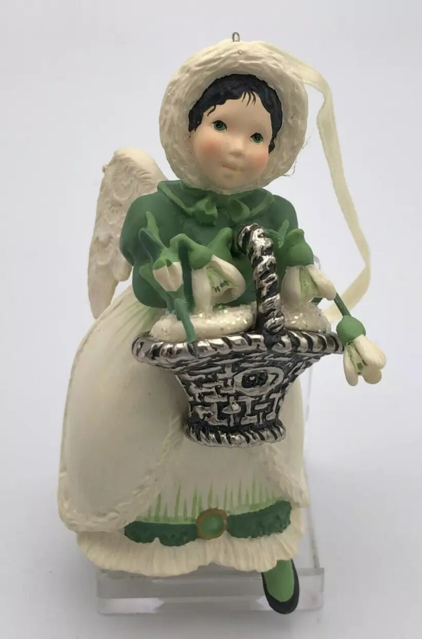 1997 Hallmark Keepsake Ornament Snowdrop Angel  Green Angel Basket Flowers