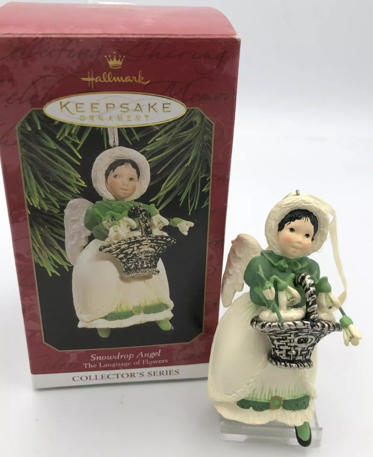 1997 Hallmark Keepsake Ornament Snowdrop Angel  Green Angel Basket Flowers