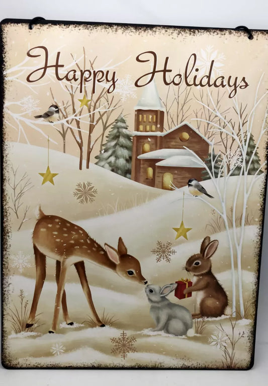 Happy Holiday Sign (Animals with Winter Scenery) Metal